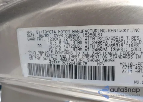 2002 Toyota Sienna Le z USA, uszkodzony, nr VIN 4T3ZF13C72U486578